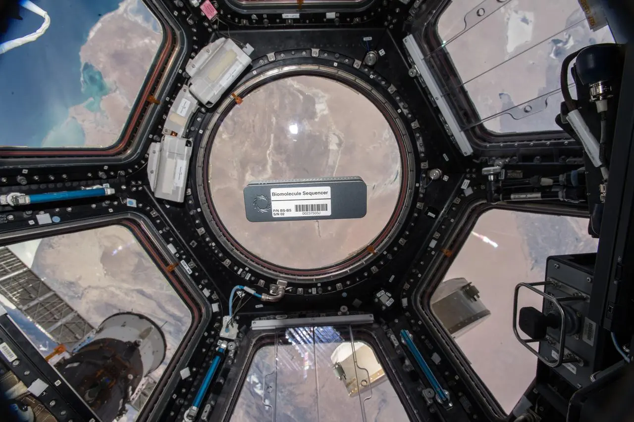 漂浮在国际空间站全景天窗中的DNA测序仪