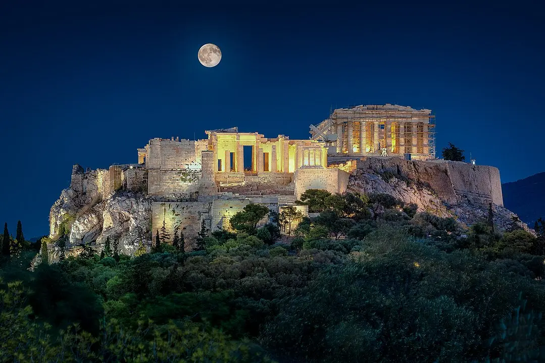 希腊雅典卫城的夜景